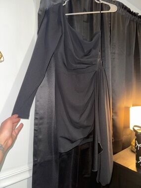 Windsor Black Asymmetrical Draped Long-Sleeve Dress